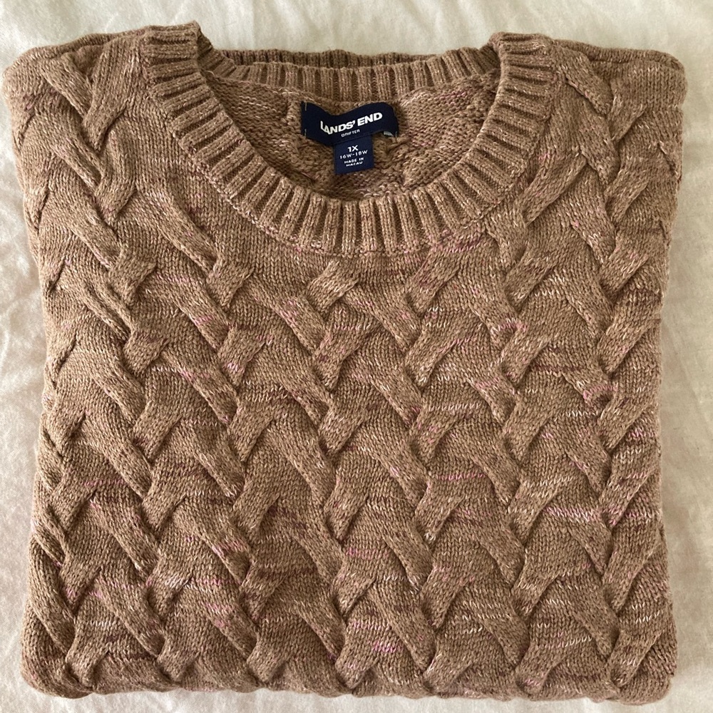 Lands End 100% Cotton Drifter Crew Neck Sweater Heathered Brown 1X (16W-18W)